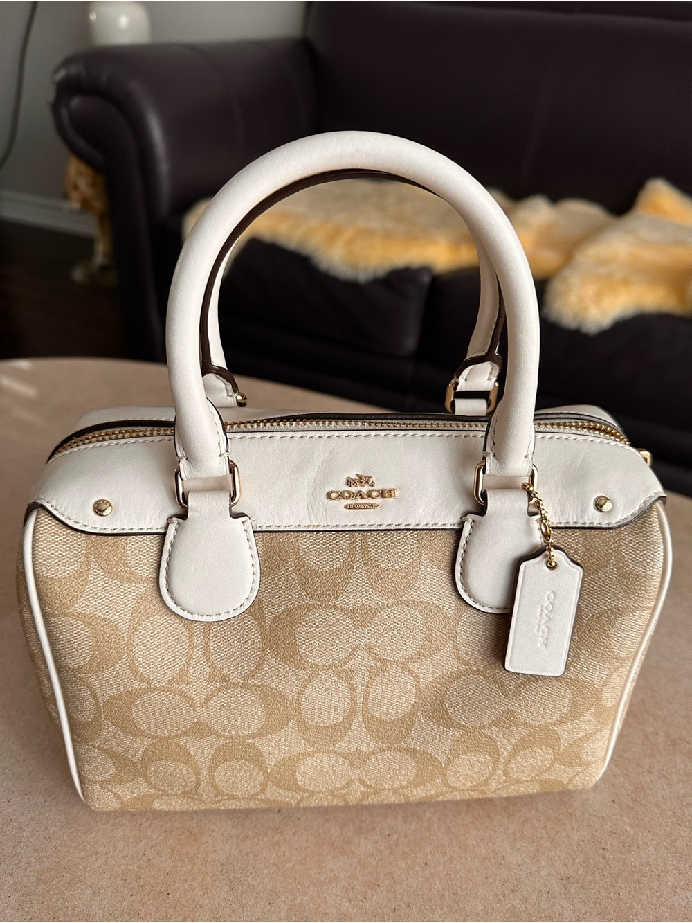 Coach Beige Signature Canvas Satchel with White Trim